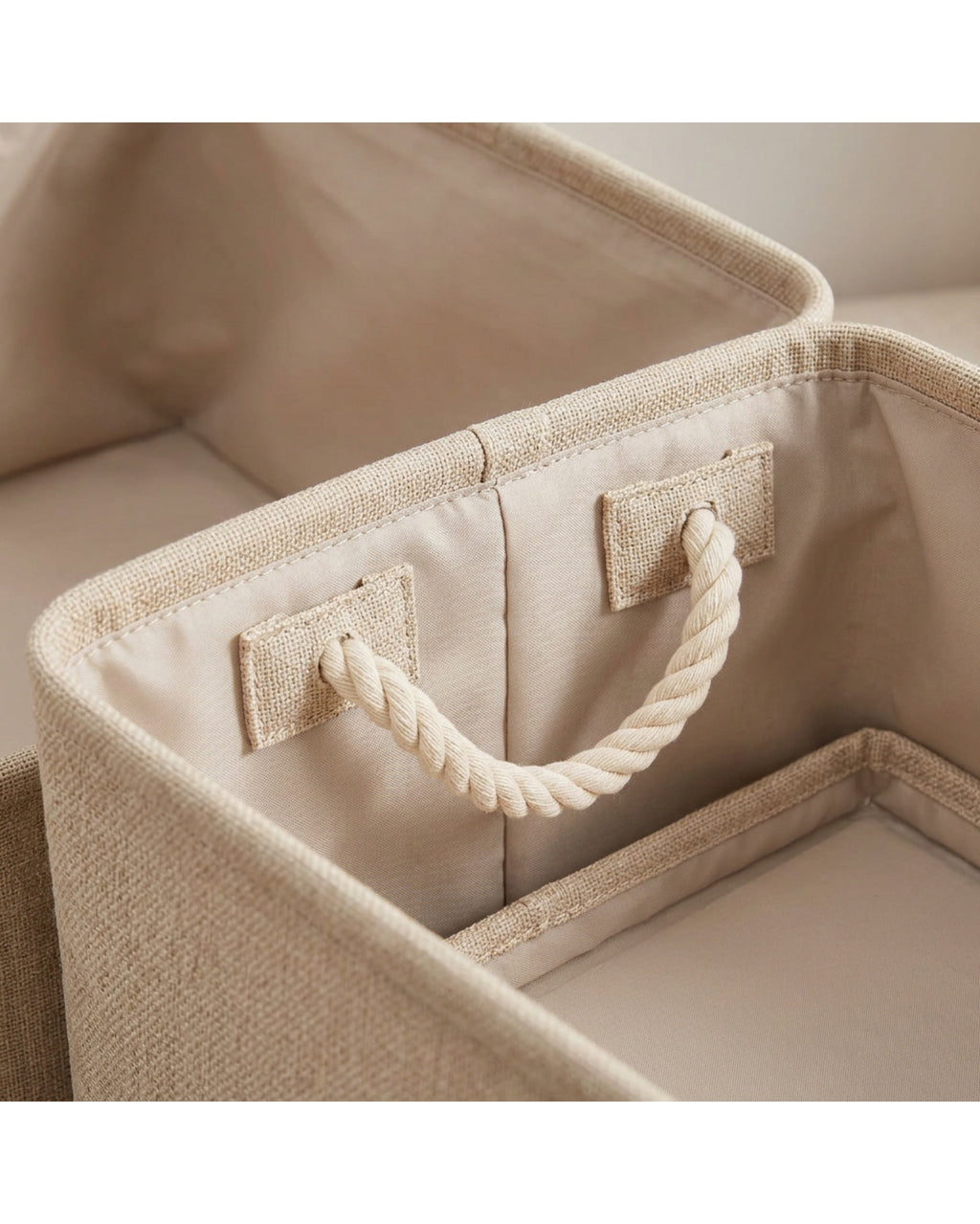 Hjvkp Cotton Linen Folding Storage Basket Rope Handles Beige - Detail view