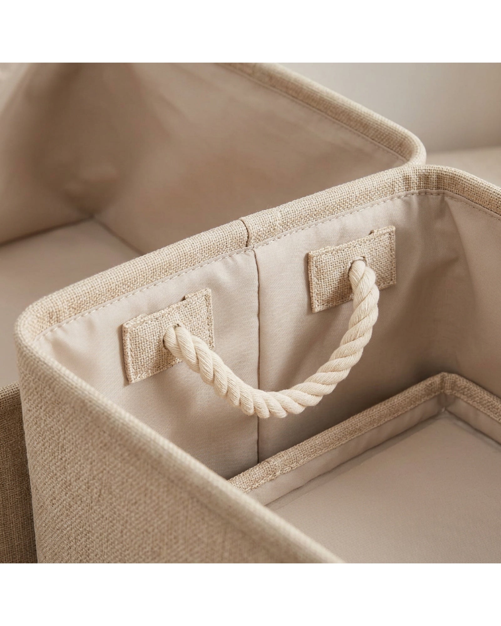 Hjvkp Cotton Linen Folding Storage Basket Rope Handles Beige - Detail view